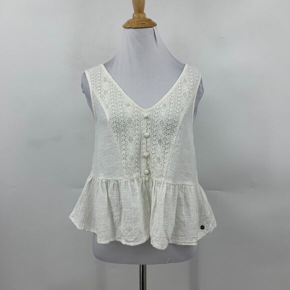 Roxy First and Only Tank Top Womens S White Lightweight Cotton Gauze Peplum Hem - Picture 2 of 13